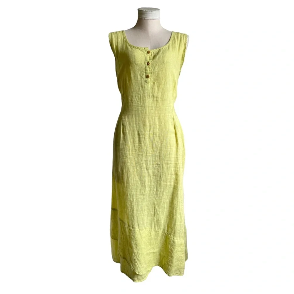 Flax Linen Lime Green Chartreuse Sleeveless Three Button Maxi Dress Size Large - Picture 2 of 16